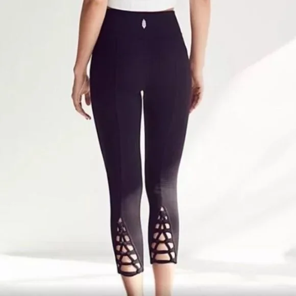 Free People Movement High Waist Black Cropped Lace Up Athletic Leggings - Picture 2 of 5